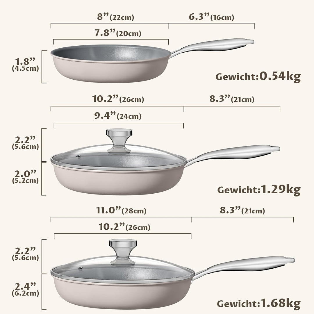 Pfannenset 5-teilig, Pfanne Induktion 20, 24, 28 cm, Antihaft keramikpfanne mit Deckel, Molekular ge