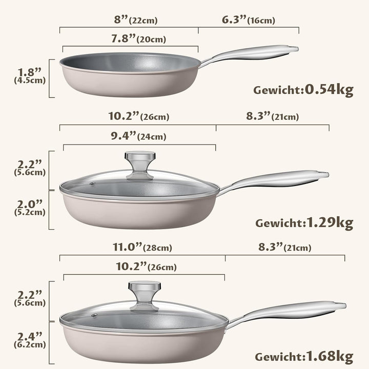 Pfannenset 5-teilig, Pfanne Induktion 20, 24, 28 cm, Antihaft keramikpfanne mit Deckel, Molekular ge