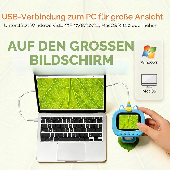 1200X Mikroskop für Kinder: Kinder Mikroskop mit 2,4-Zoll-HD-IPS-Display und 9 LED-Leuchten, Geschen
