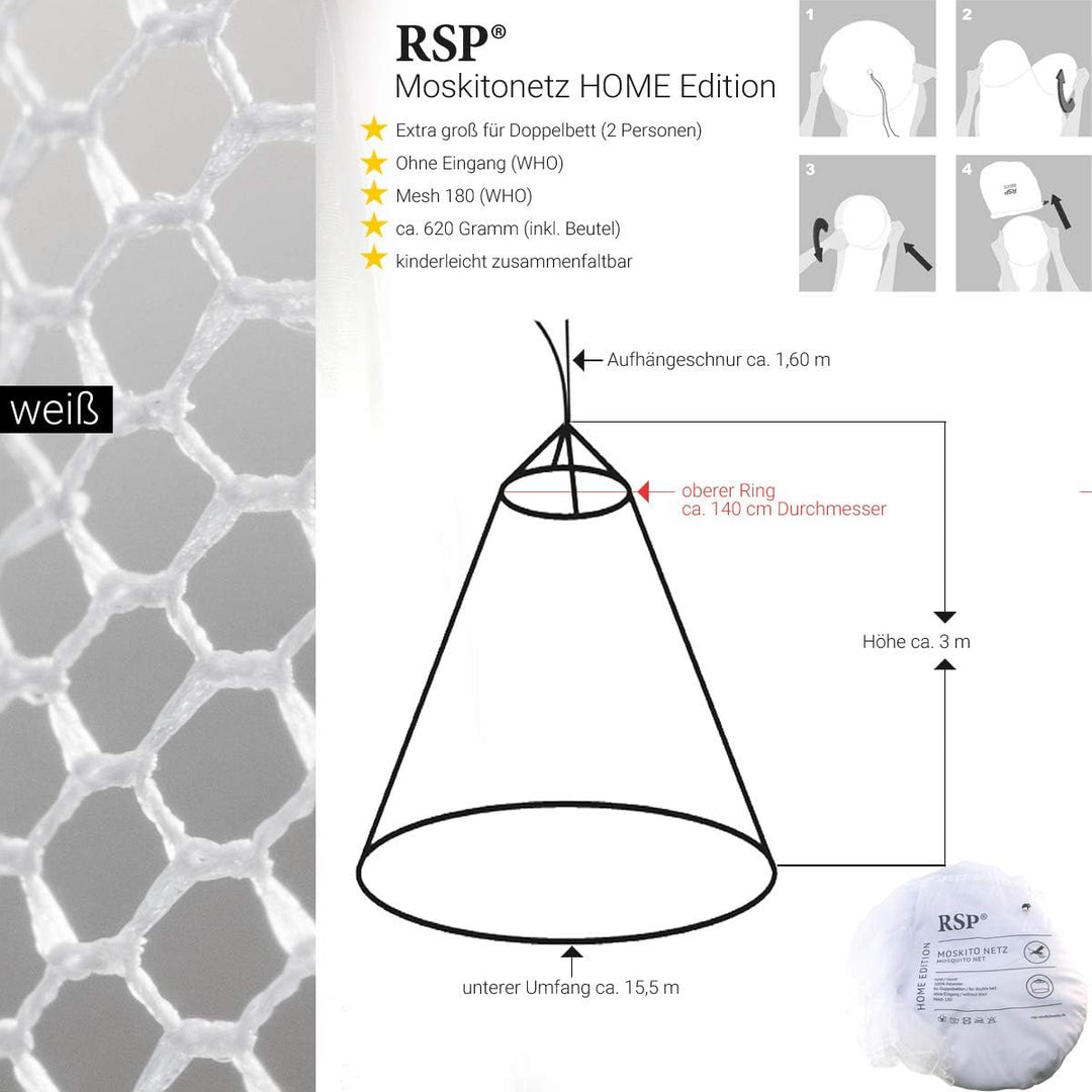 RSP® Moskitonetz Home für Doppelbetten mit extra grossem Spannring für Zuhause Einheitsgrösse