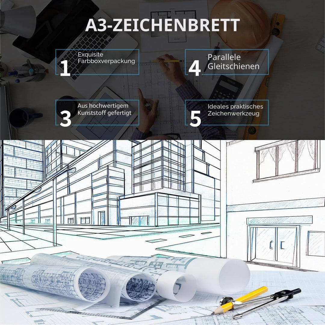 NEWFUN Zeichenplatte A3，Zeichenbrett A3，Multifunktionales Zeichenbrett für Das Technische Zeichnen i