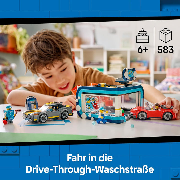 LEGO City Waschstrasse Spielzeug - inkl. 2 Modellautos, Waschfunktion und 4 Minifiguren mit Zubehör