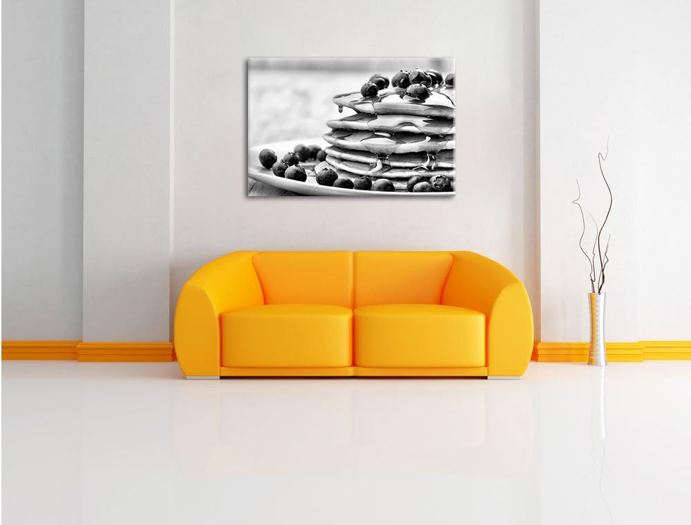 Pixxprint Monocrome, Pancakes mit Sirup und Blaubeeren, Format: 100x70 auf Leinwand, riesige Bilder