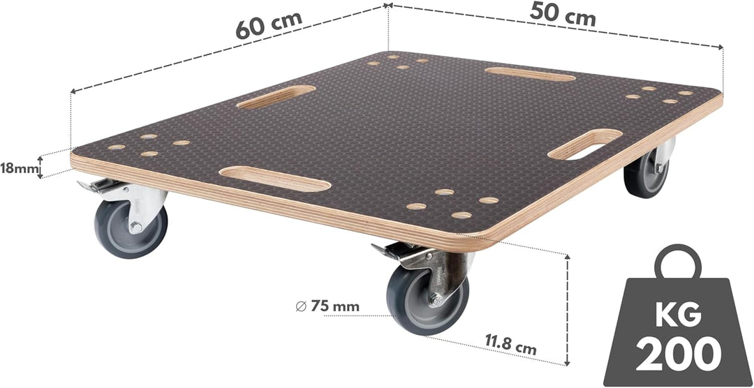 PUSHUPER Möbelroller – Robuster Transportroller aus Sperrholz, 200kg (Dunkel 200kg 2-Bremsen, 60 x 5