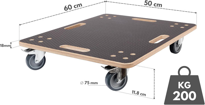 PUSHUPER Möbelroller – Robuster Transportroller aus Sperrholz, 200kg (Dunkel 200kg 2-Bremsen, 60 x 5