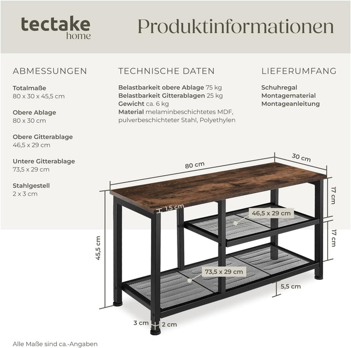 tectake 800949 Schuhregal schmal mit Sitzfläche, Schuhbank aus Holz und Metall, Industrie-Design, 3