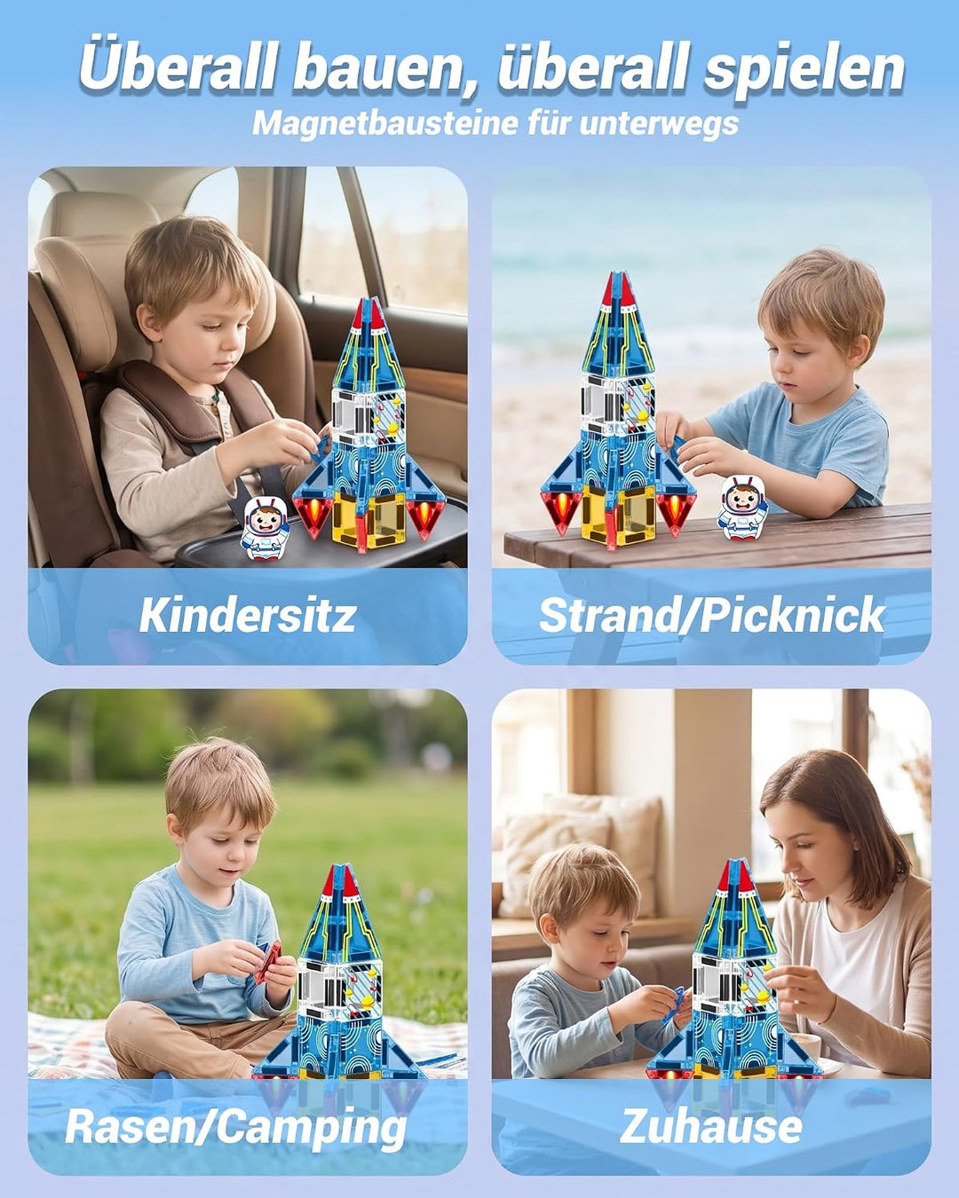 Mini Magnetische Bausteine Reiseset mit Metallbox, 39 Teile Magnetbausteine Rakete, Rakete