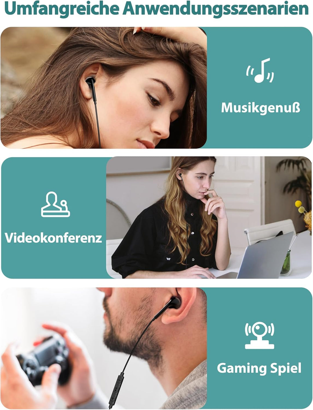 DuKabel USB In Ear Kopfhörer PC Headset mit Mikrofon und Lautstärkeregler USB Gaming Headset für PS4