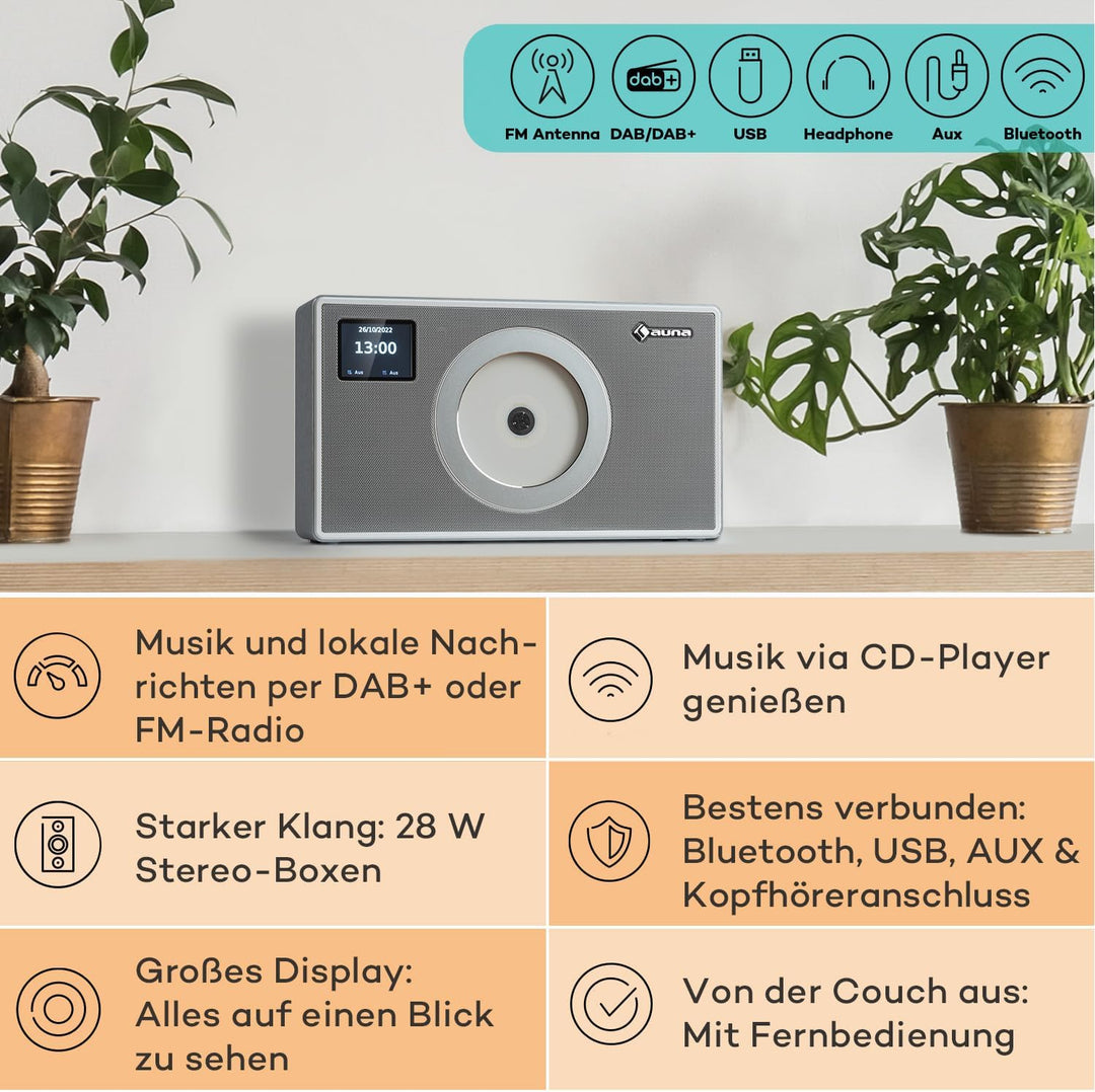 Auna Radio für Küche & Bad, DAB Radio mit CD Player zur Wandmontage, DAB Plus mit Bluetooth, DAB/DAB