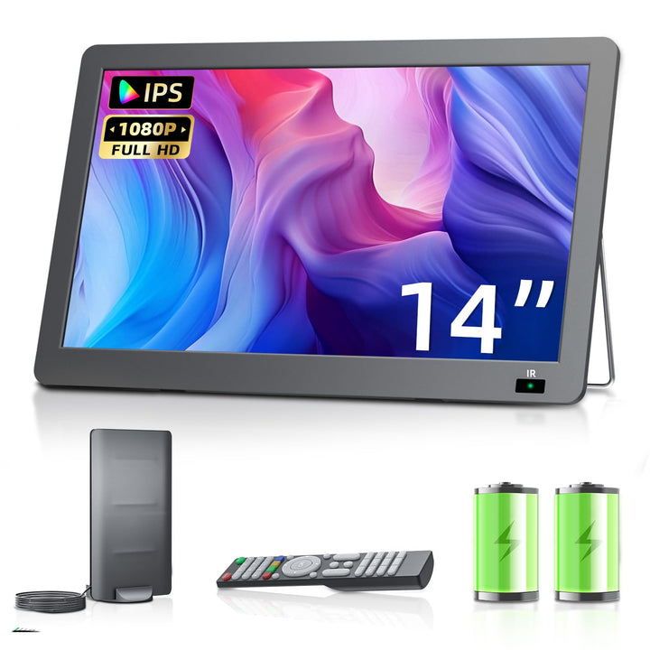 DESOBRY Fernseher 14,2 Zoll Kleiner Fernseher 1080P, Mobiler TV mit DVB-T2 Tuner, USB HDMI AV-Eingan