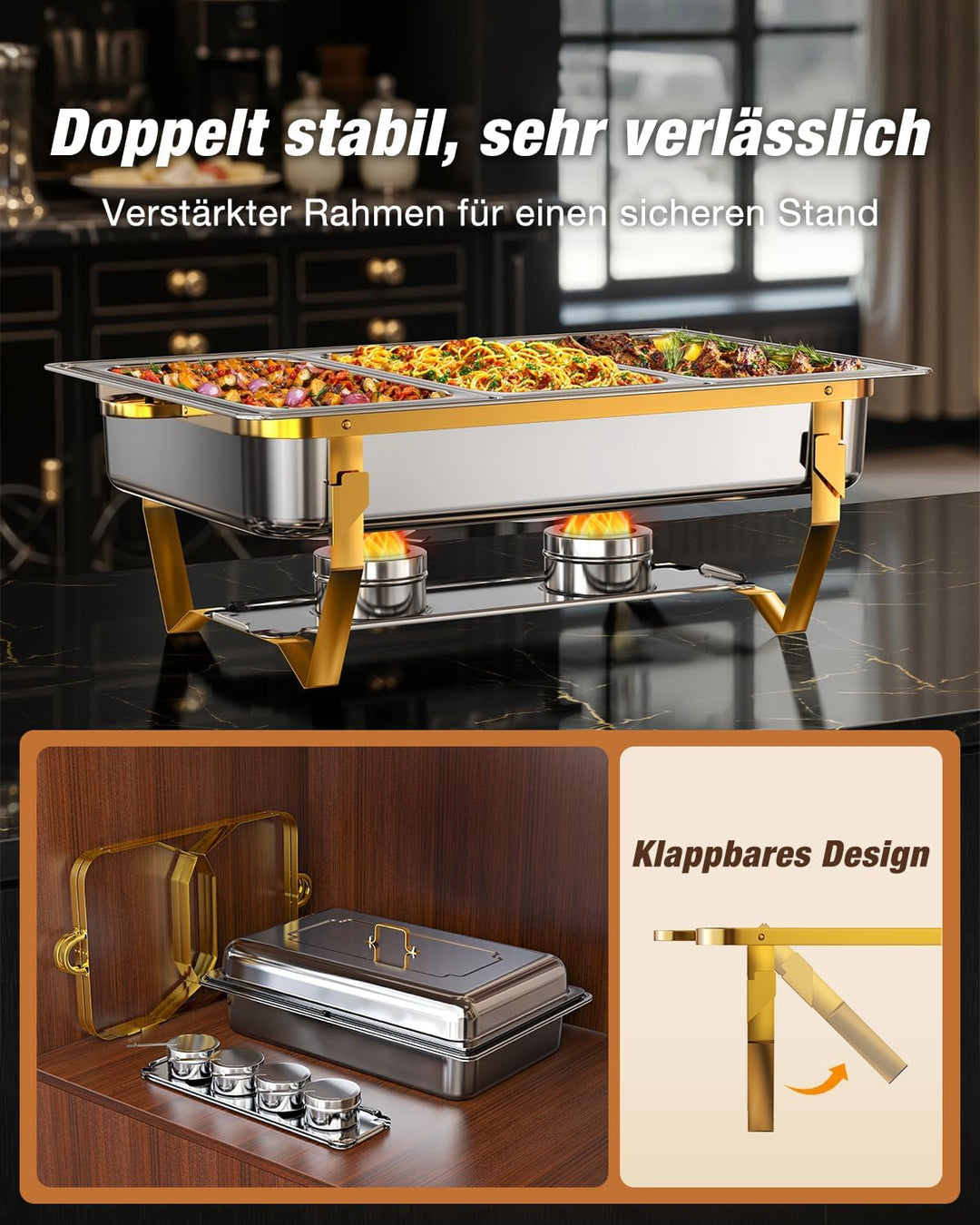 WARMOUNTS Silber & Gold Chafing Dish Buffet Set 9L, Edelstahl Speisenwärmer für Catering, Hochglanzp