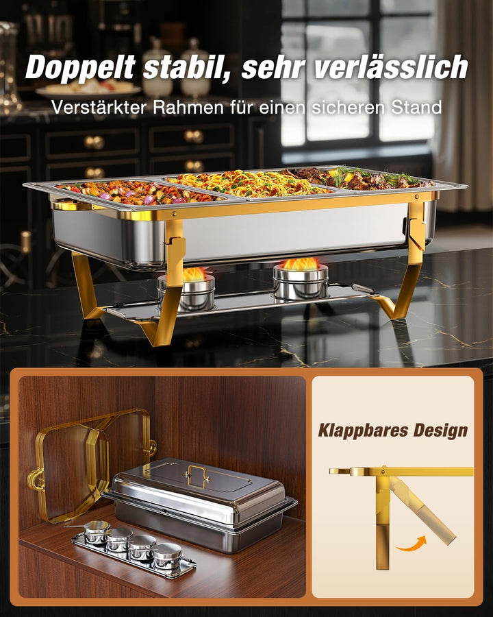 WARMOUNTS Silber & Gold Chafing Dish Buffet Set 9L, Edelstahl Speisenwärmer für Catering, Hochglanzp