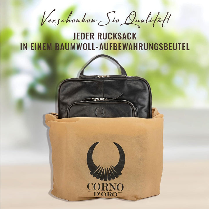 Corno d´Oro Premium Lederrucksack Damen mit vielen Fächern I Handgefertigt Rucksack Leder Laptopruck