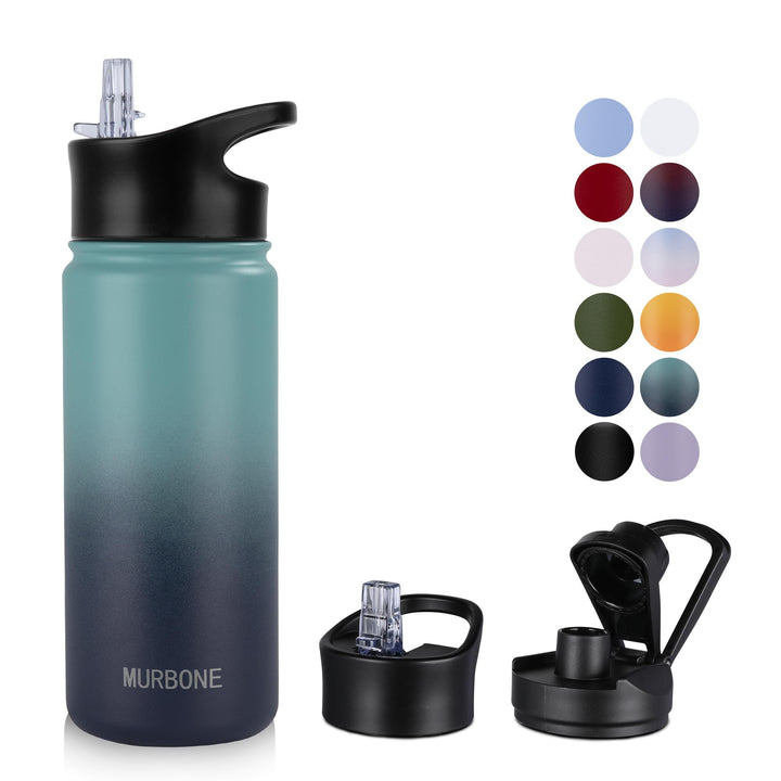 Edelstahl Trinkflasche 500ml (+2 Deckel)-mit Strohhalm,BPA frei,Thermosflasche Auslaufsicher,Kohlens