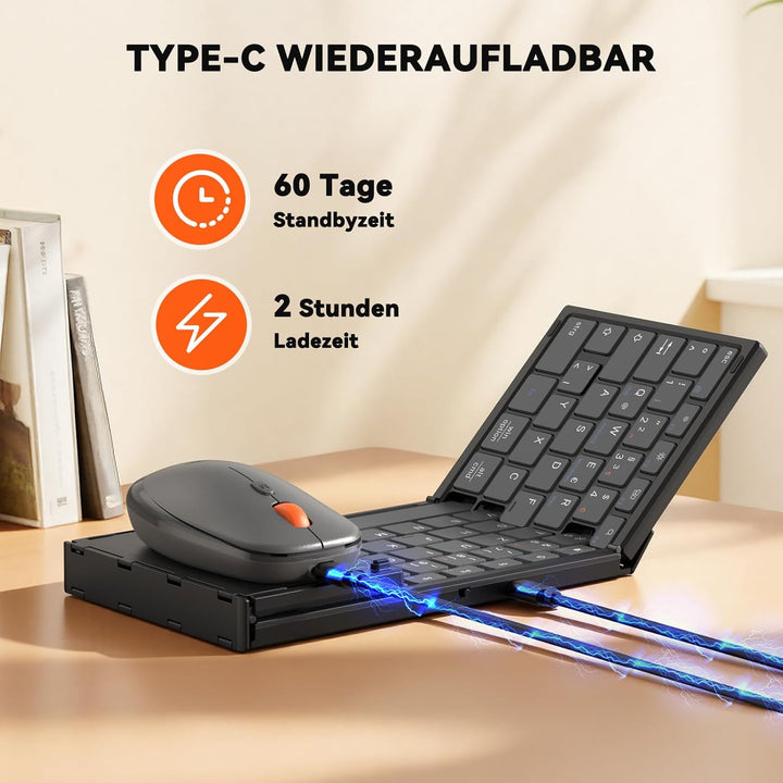 MEETION Faltbare Bluetooth Tastatur Maus Set Kabellose, QWERTZ Deutsches Layout Falten Funktastatur
