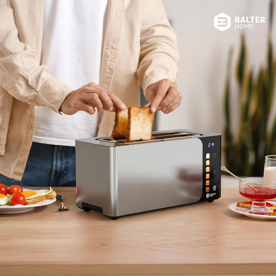 Balter Toaster 4 Scheiben, Touch Bedienung, Langschlitz, Edelstahl, Brötchenaufsatz, LCD Display Lan