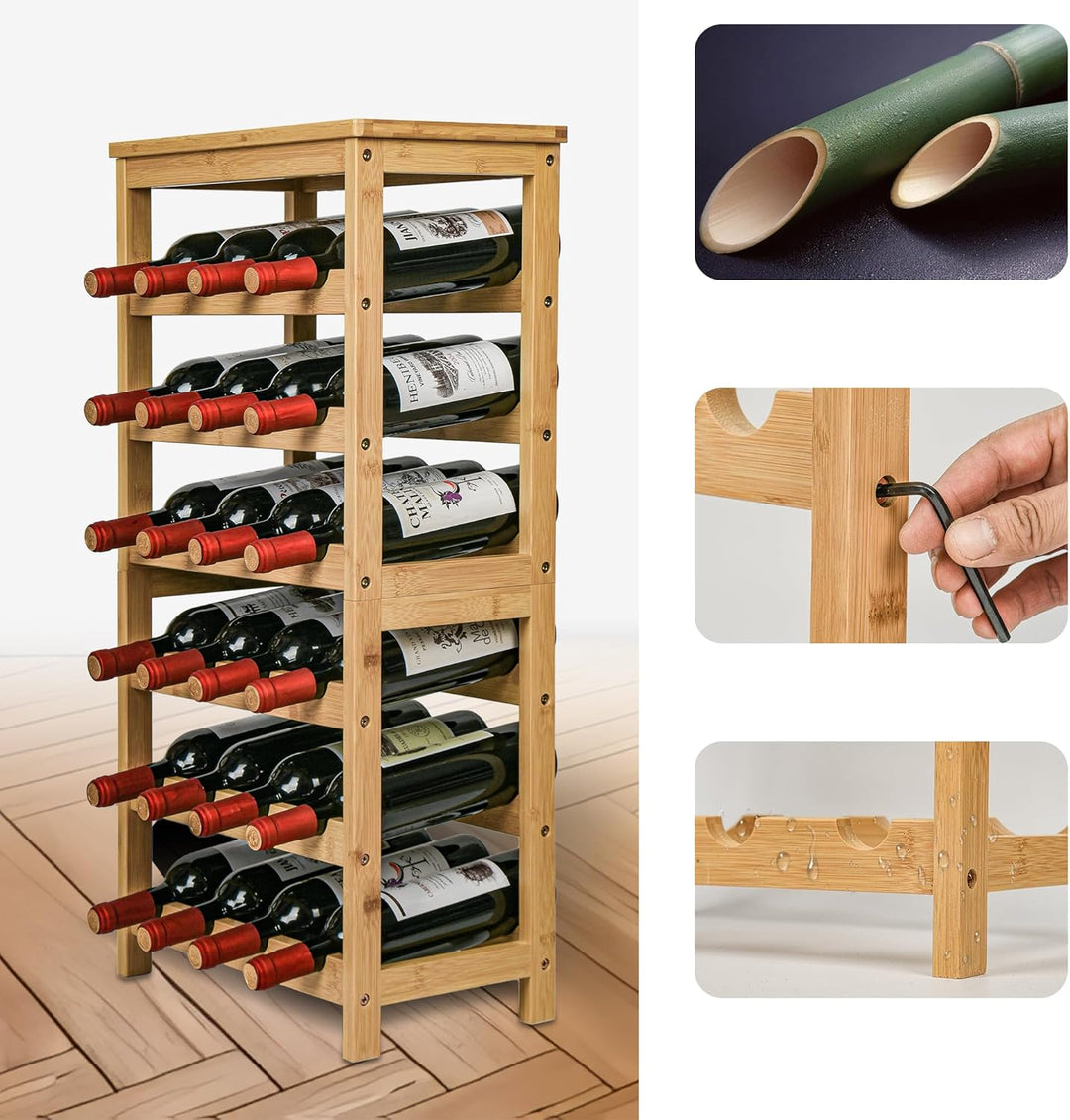 VASMIA Weinregal aus Bambus für 24 Flaschen, Flaschenregal mit 6 Etagen für Keller,Küche, Bar, Esszi