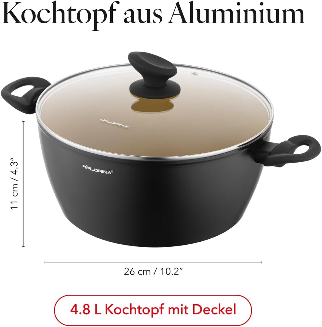 FLORINA AMVEGAN Aluminiumtopf 26 cm I 4,8L I Hohe Haltbarkeit I Glasdeckel I Olivenöl-Keramikbeschic