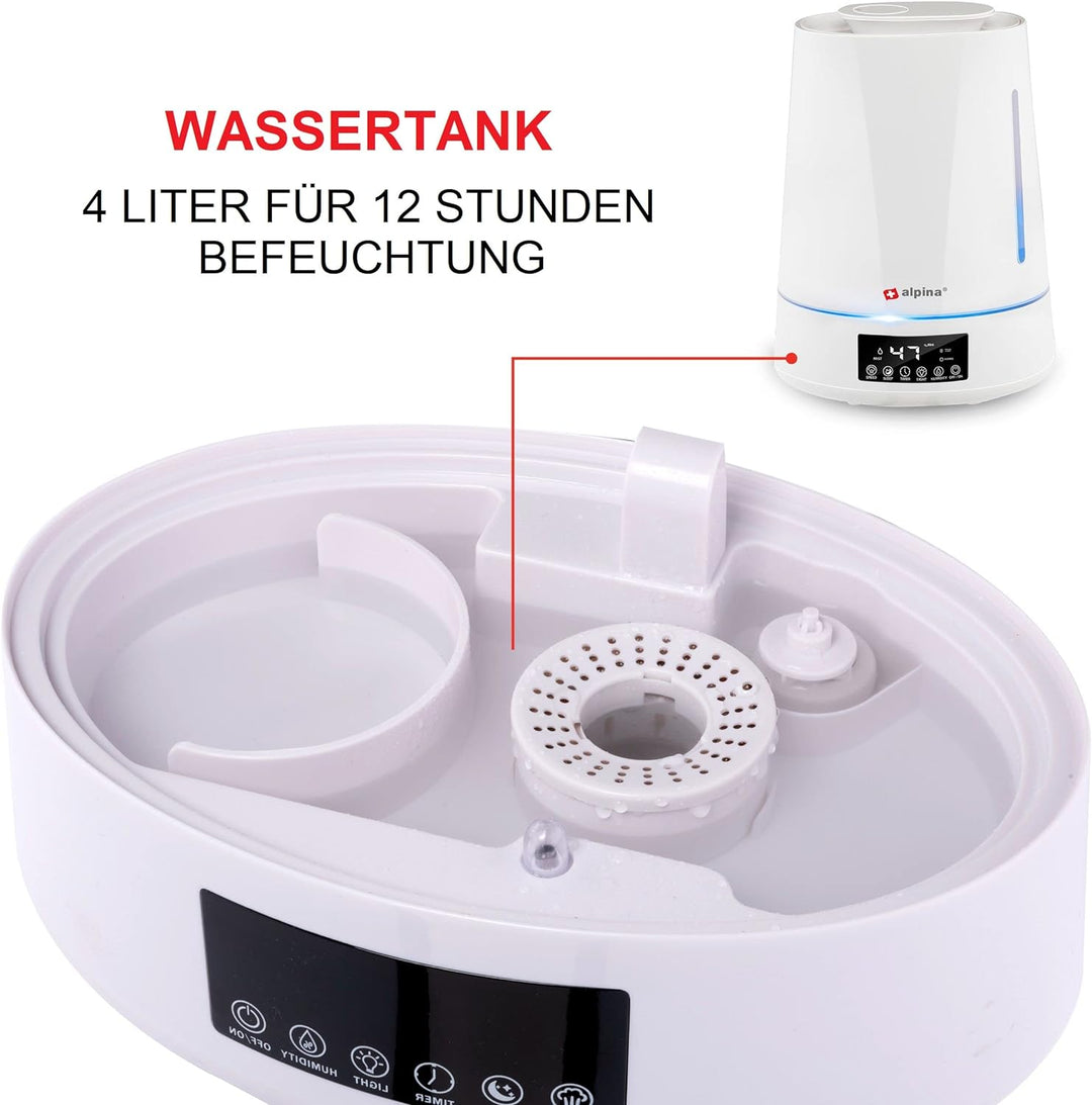 JUNG ALPINA Luftbefeuchter 4,3L Wassertank weiss, mit Fernbedienung, Aroma Diffuser Raumbefeuchter f