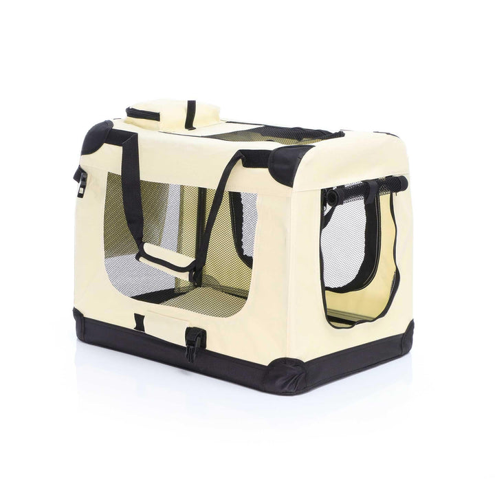 Fudajo Faltbare Transportbox in Beige für Haustiere, Grösse M (60x42x44cm), Tragegriff, Liegedecke