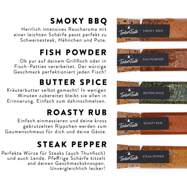 TIMBER TASTE® Grill Gewürze Geschenkset Männer | 5 erlesene BBQ Grillgewürze inkl. Rezepte | Grill Z