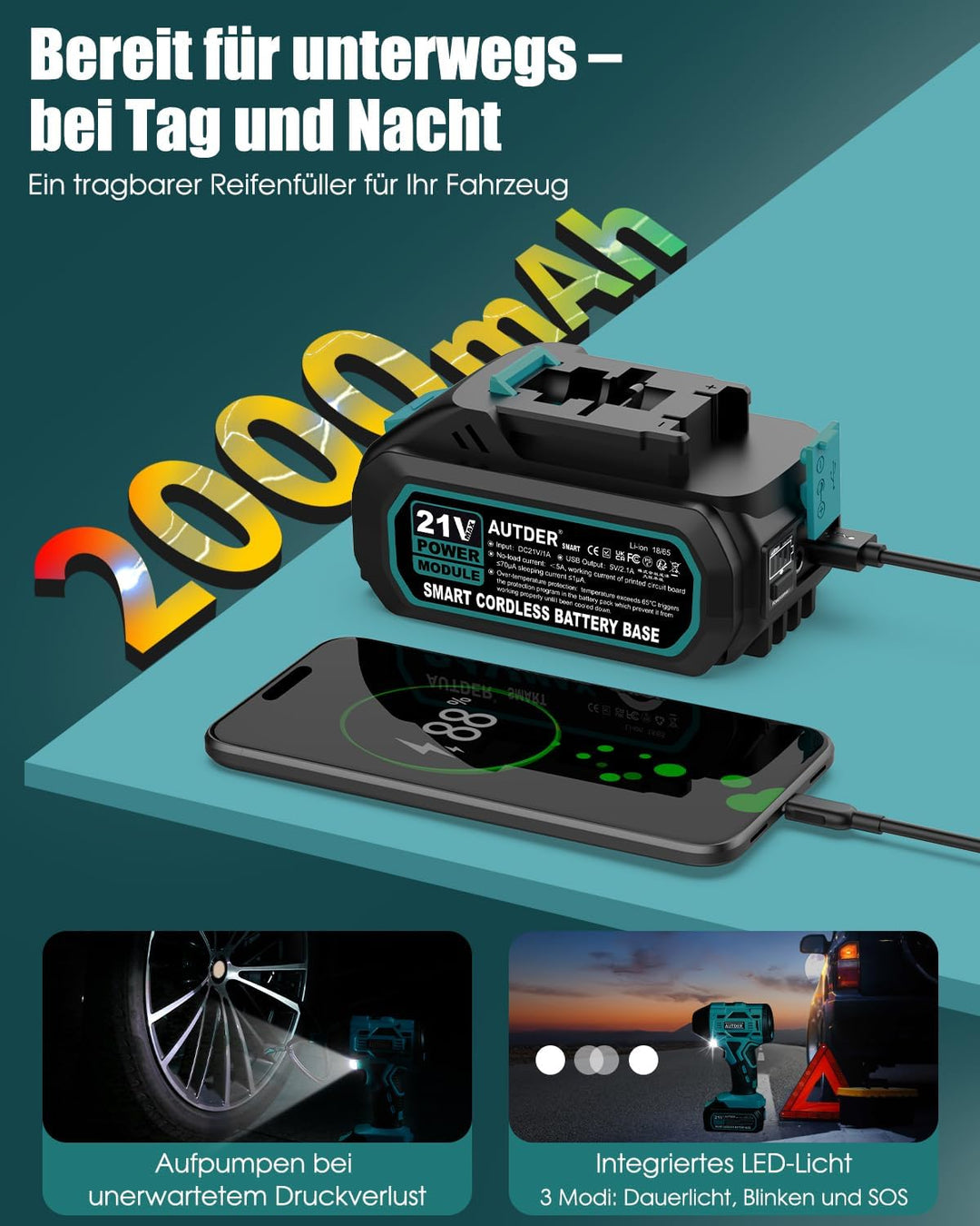 AUTDER 21V Akku Luftkompressor - 12,4 Bar/180 PSI Hochdruck Elektropumpe mit LED-Licht &amp; Kühlsystem,