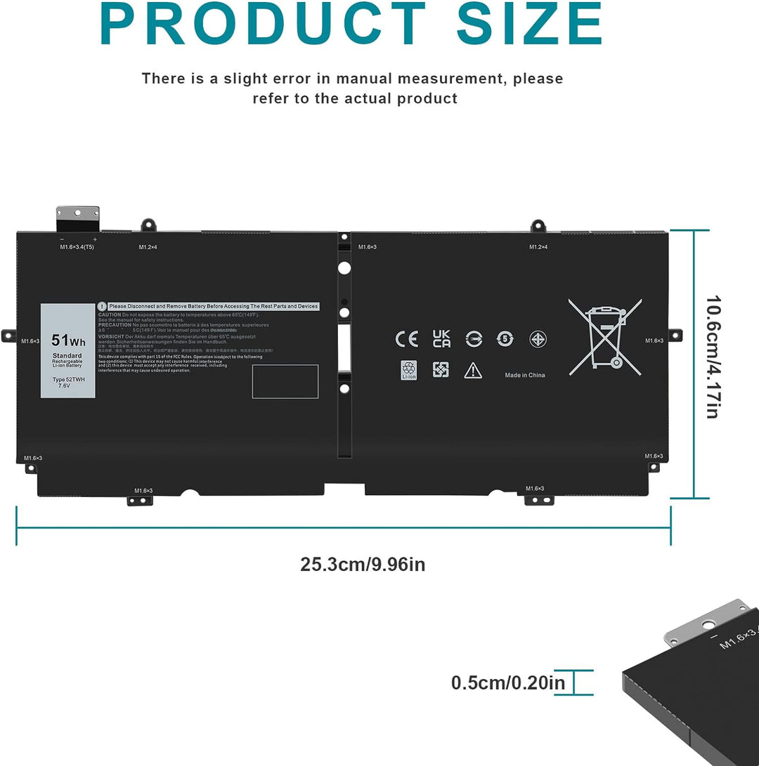 ARyee 52TWH Akku Kompatibel mit Dell XPS 13 7390 2-in-1 P103G P103G001 P103G002 Serie Notebook, Ersa