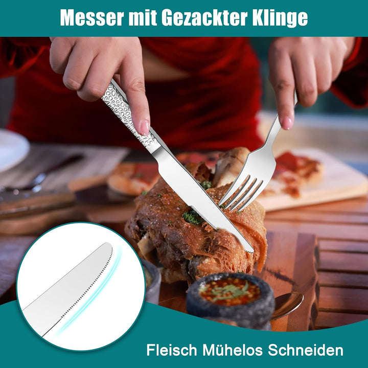 TEAMFAR Besteck Set, 30-teilig Edelstahl poliert Besteckset für 6 Personen, Gehämmertes Essbesteck f