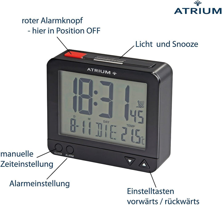 Atrium Funkwecker Digital Quarz sensorgesteuertes Nachtlicht Beleuchtung mit Obenabsteller Datum und