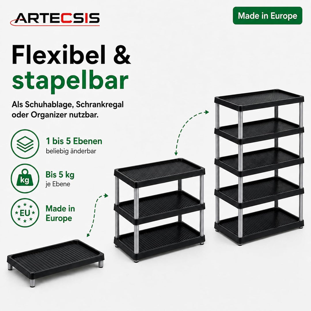 ARTECSIS Schuhregal schmal 5 Ebenen Schwarz I Schuhablage aus Kunststoff 49,5x34,5x82,5cm, 5 Ebenen
