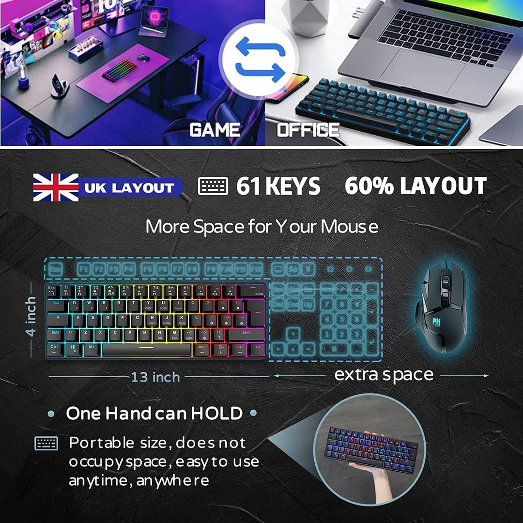 RK ROYAL KLUDGE RK61 Mechanische Tastatur 2,4 GHz Kabellose/Bluetooth/Verkabelte 60% Gaming Tastatur