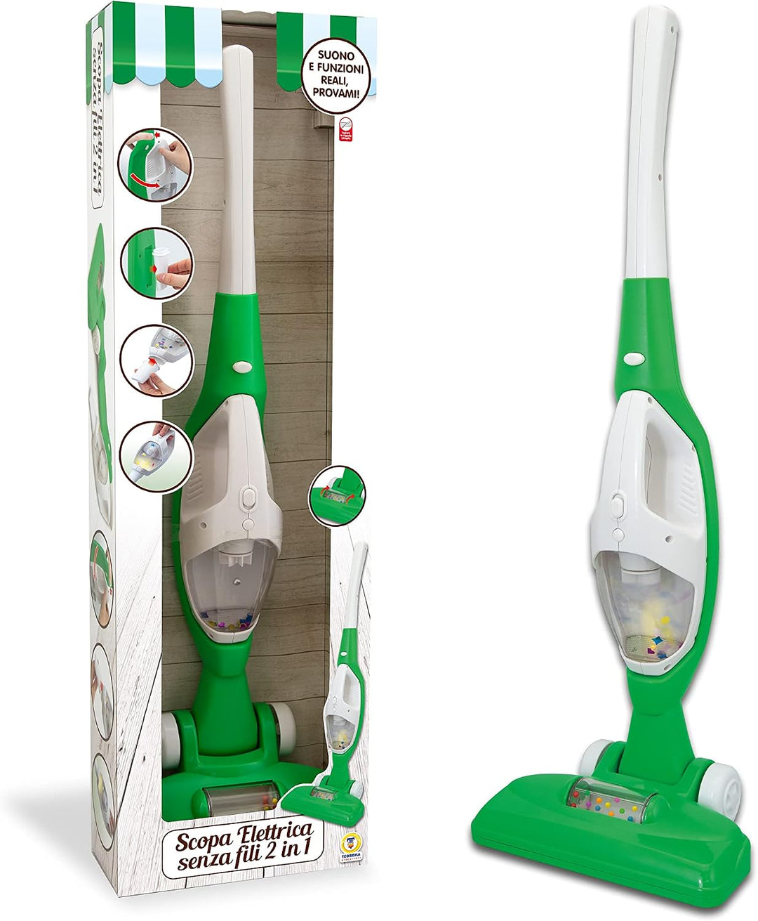 Teorema Toys 67064 Kabelloser Staubsauger 2 in 1 mit echten Lichtern und Klängen, Farbe Grün,