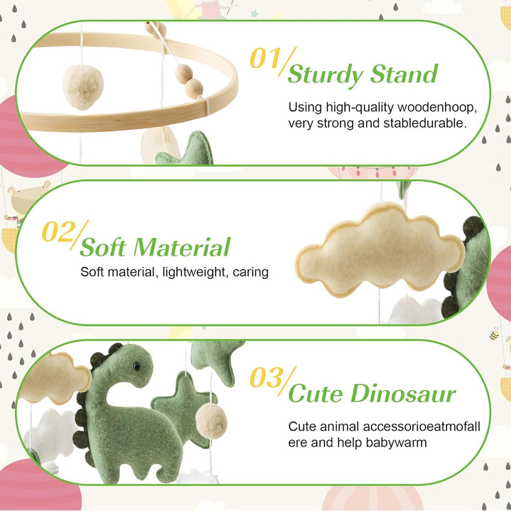 Baby Windspiel Dinosaurier mit Sternen & Wolken – Holz Mobile Babybett Dekor, Sensorisches Spielzeug