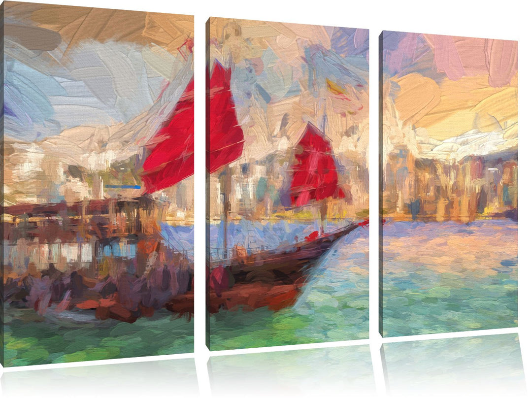 Pixxprint Segelschiff mit Segeln 3Teiler 120x80 cm Leinwandbild Wandbild Kunstdruck