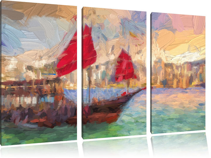 Pixxprint Segelschiff mit Segeln 3Teiler 120x80 cm Leinwandbild Wandbild Kunstdruck