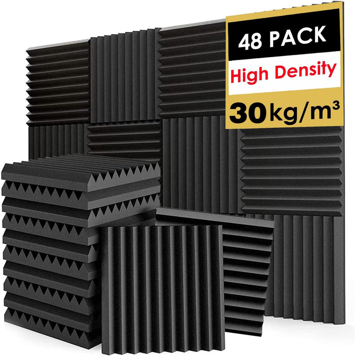 FONESO 48 Stück Akustikpaneele, 2.5x30.5x30.5 cm, schalldichte Schaumstoffplatten für Wände, Keilsch