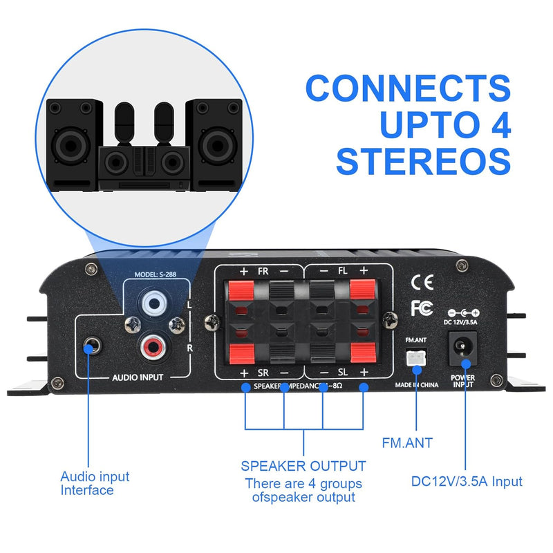 4 Kanal Mini Verstärker, 1200 W HiFi-Verstärker, Bluetooth 5.0-Stereoverstärker, UKW-Radio, tragbare