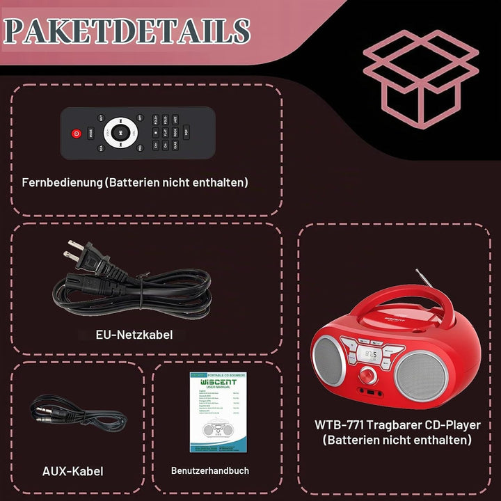 Tragbares Radio – mit CD-Player, Bluetooth Boombox, UKW-Radio, Fernbedienung, USB/AUX-Eingang, Kopfh