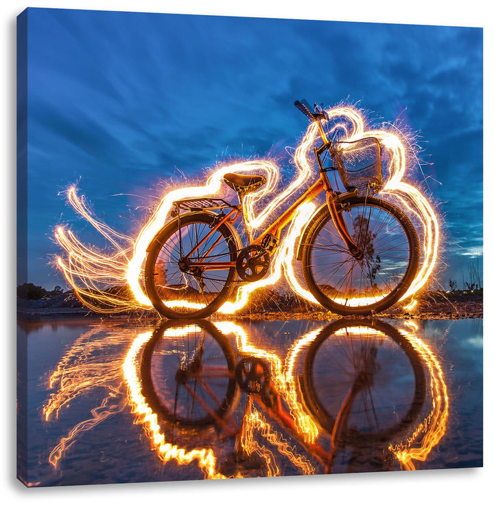 Pixxprint Burning Bike brennendes Fahrrad 70x70cm Leinwandbild Wandbild Kunstdruck, 70x70