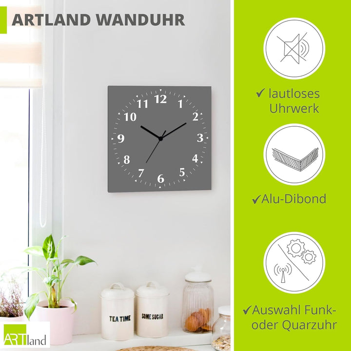 ARTLAND Wanddeko Wanduhr ohne Tickgeräusche Alu Quarzuhr 30x30 cm Quadratisch Lautlos 12 Ziffern Far