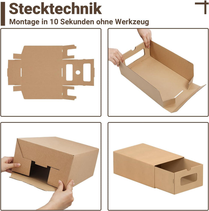 30x Aufbewahrungsbox in Braun – Stapelbare Schuhbox aus Kraftpapier mit Sichtfenster, Faltbare Schuh