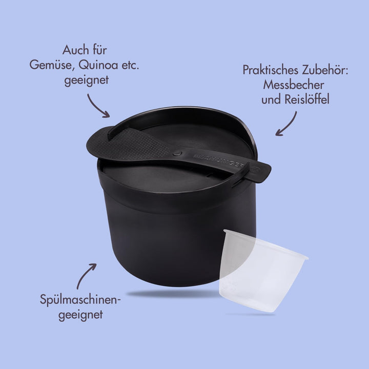 REISHUNGER Mikrowellen Reiskocher (1,7 l) - schwarz - Für perfekt gegarten Reis in nur 12 Minuten -