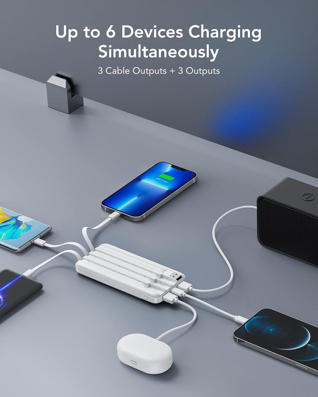 Charmast Power Bank, Slim 10000mAh Powerbank mit USB-C Kabel und LED-Display, 6 Ausgängen Klein Aber