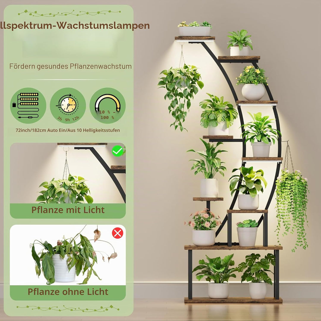 BACEKOLL Pflanzenregal mit Wachstumslicht - 9 Ebenen Blumenständer 160cm Metall Holz Pflanzenständer