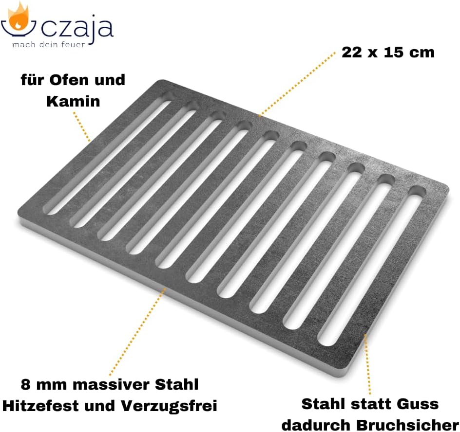 Czaja Ofenrost 22 cm x 15 cm aus massivem Stahl - langlebiger als Gussroste und Bruchsicher - für Öf