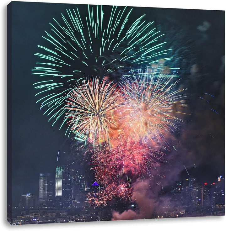 Boot auf See Feuerwerk, Format: 70x70 auf Leinwand, XXL riesige Bilder fertig gerahmt mit Keilrahmen