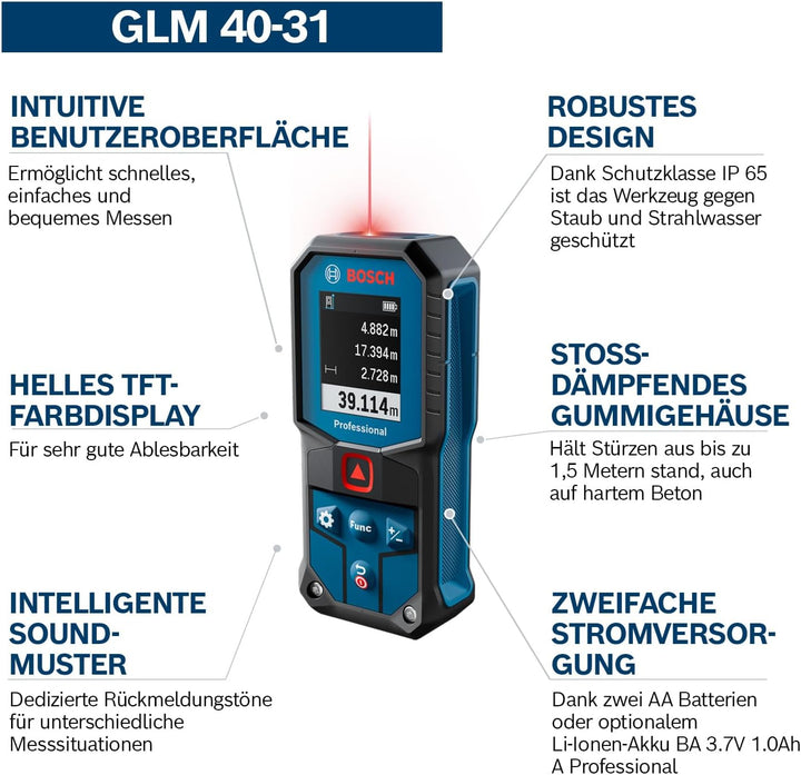 Bosch Professional Laser-Entfernungsmesser GLM 40-31 (IP 65, stossdämpfendes Gehäuse, 7 Messmodi, au