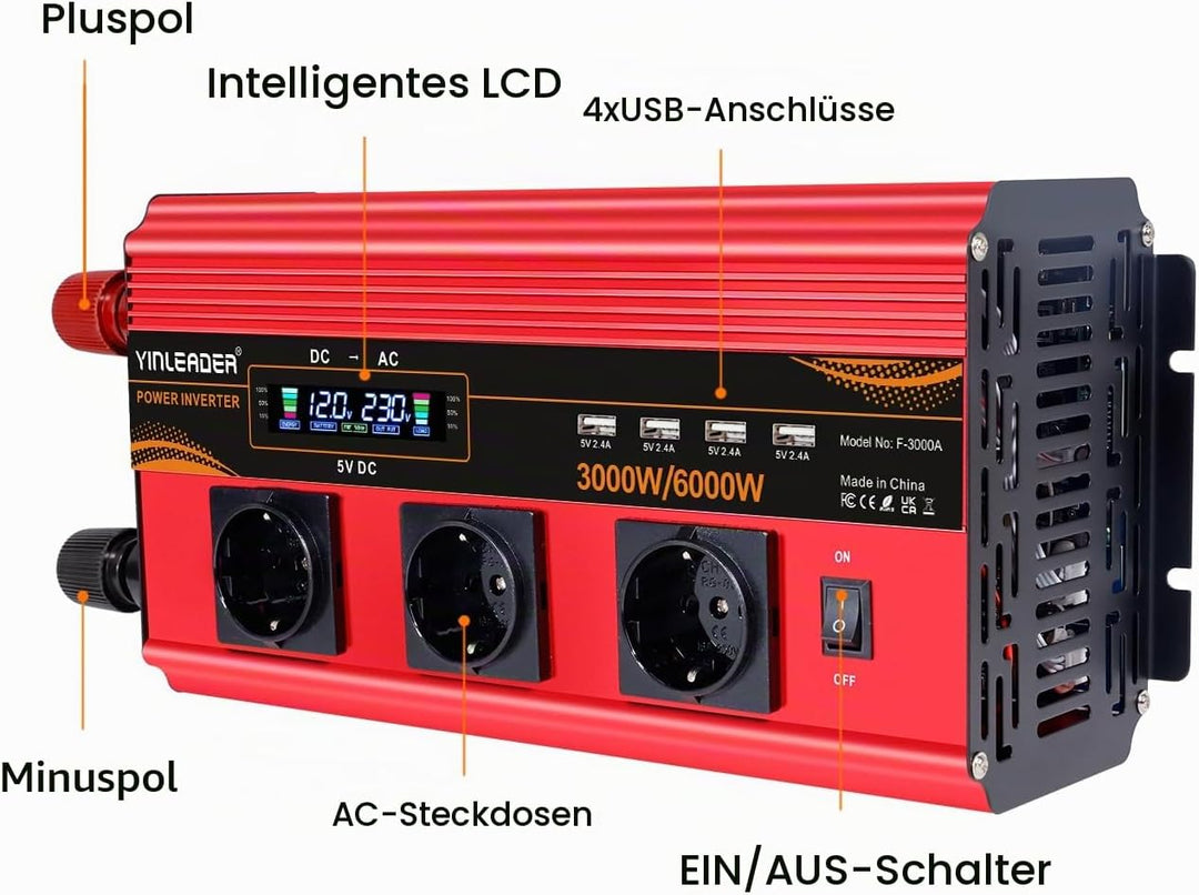Wechselrichter 12V 230V 3000W /6000W Wechselrichter Fernbedienung 4X USB und LCD 3 AC Steckdosen Mod