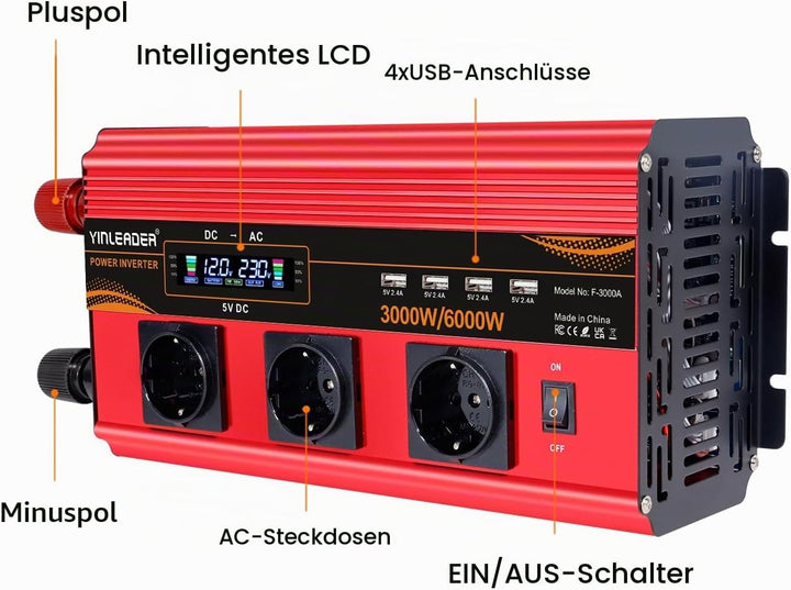 Wechselrichter 12V 230V 3000W /6000W Wechselrichter Fernbedienung 4X USB und LCD 3 AC Steckdosen Mod