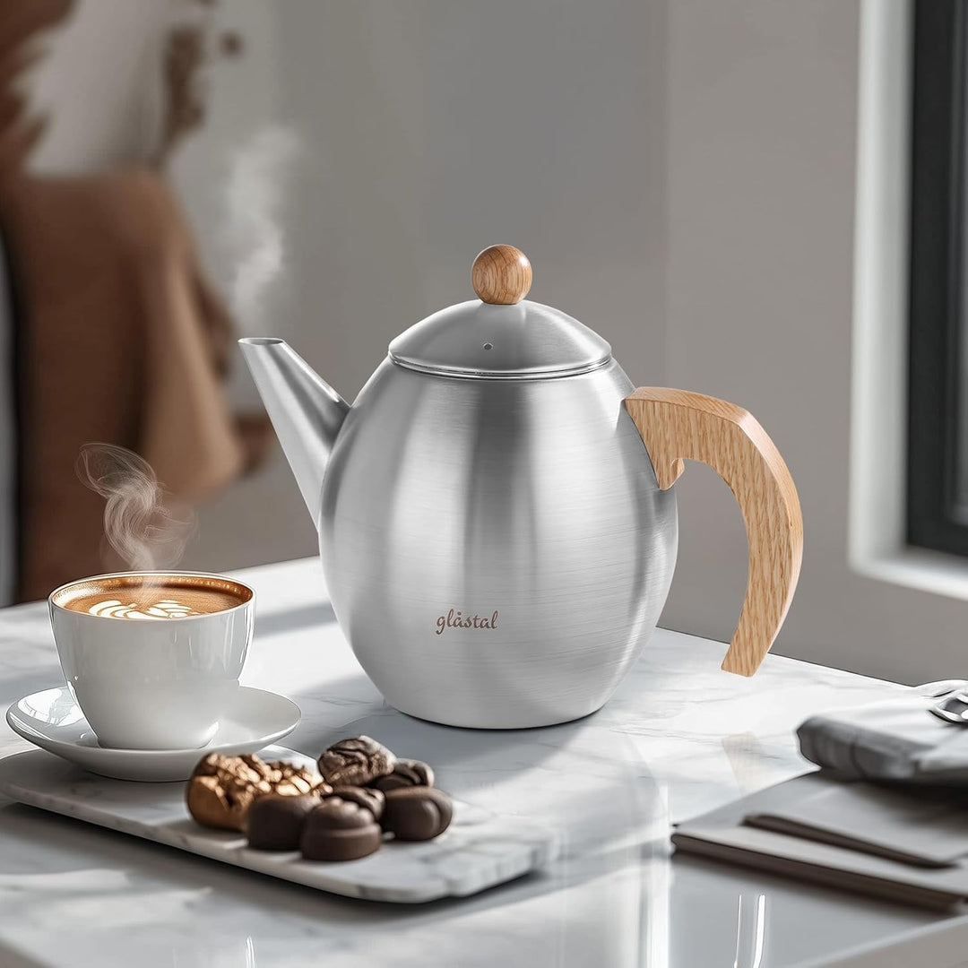 glastal Silberne Teekanne aus Edelstahl 1200ml mit 18/8 Edelstahl Teesieb Teebereiter Geeignet für T